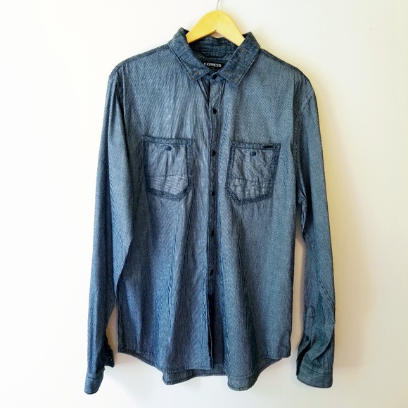 Express | Cotton Chambray Pinstripe Collar Shirt - Picture 3 of 8